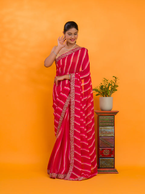 KcPc New Chiffon Leheriya Style With Embroidery Border Work Saree STL