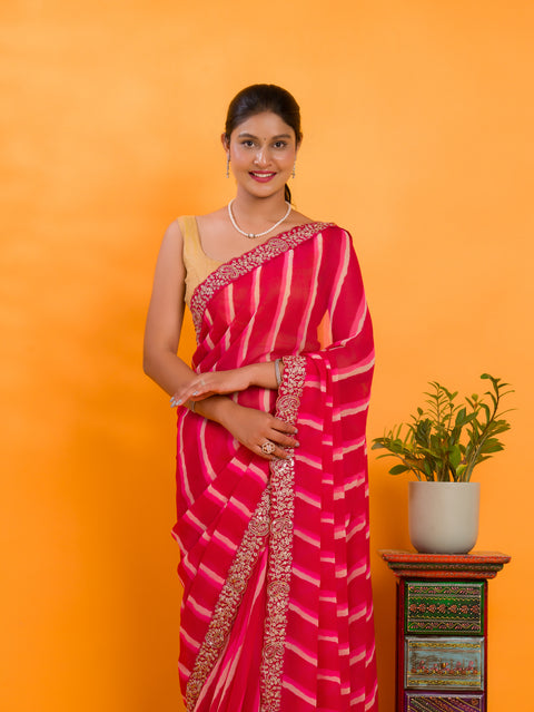 KcPc New Chiffon Leheriya Style With Embroidery Border Work Saree STL