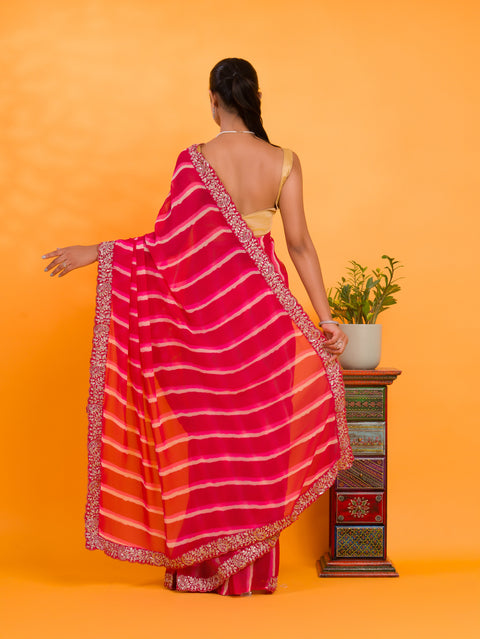 KcPc New Chiffon Leheriya Style With Embroidery Border Work Saree STL