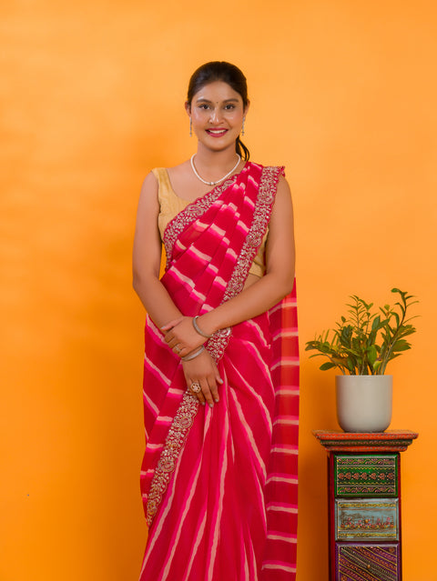 KcPc New Chiffon Leheriya Style With Embroidery Border Work Saree STL