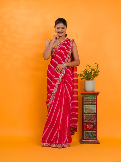 KcPc New Chiffon Leheriya Style With Embroidery Border Work Saree STL