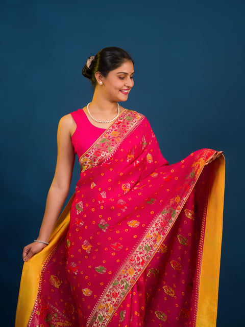 By Chinon silk Beautiful Kalamkari Style Saree in purple colour