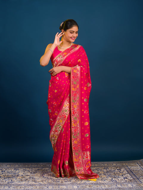 By Chinon silk Beautiful Kalamkari Style Saree in purple colour