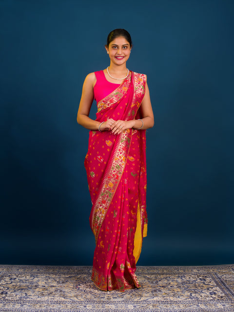 By Chinon silk Beautiful Kalamkari Style Saree in purple colour