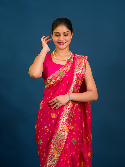 By Chinon silk Beautiful Kalamkari Style Saree in purple colour