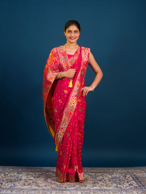 By Chinon silk Beautiful Kalamkari Style Saree in purple colour