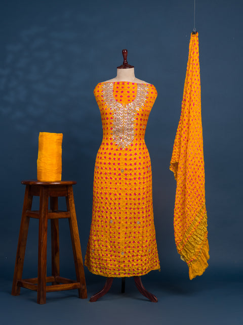 KcPc New Beautiful Art Silk Bandhani Gharchola With Gota patti Stone Work Suit KML