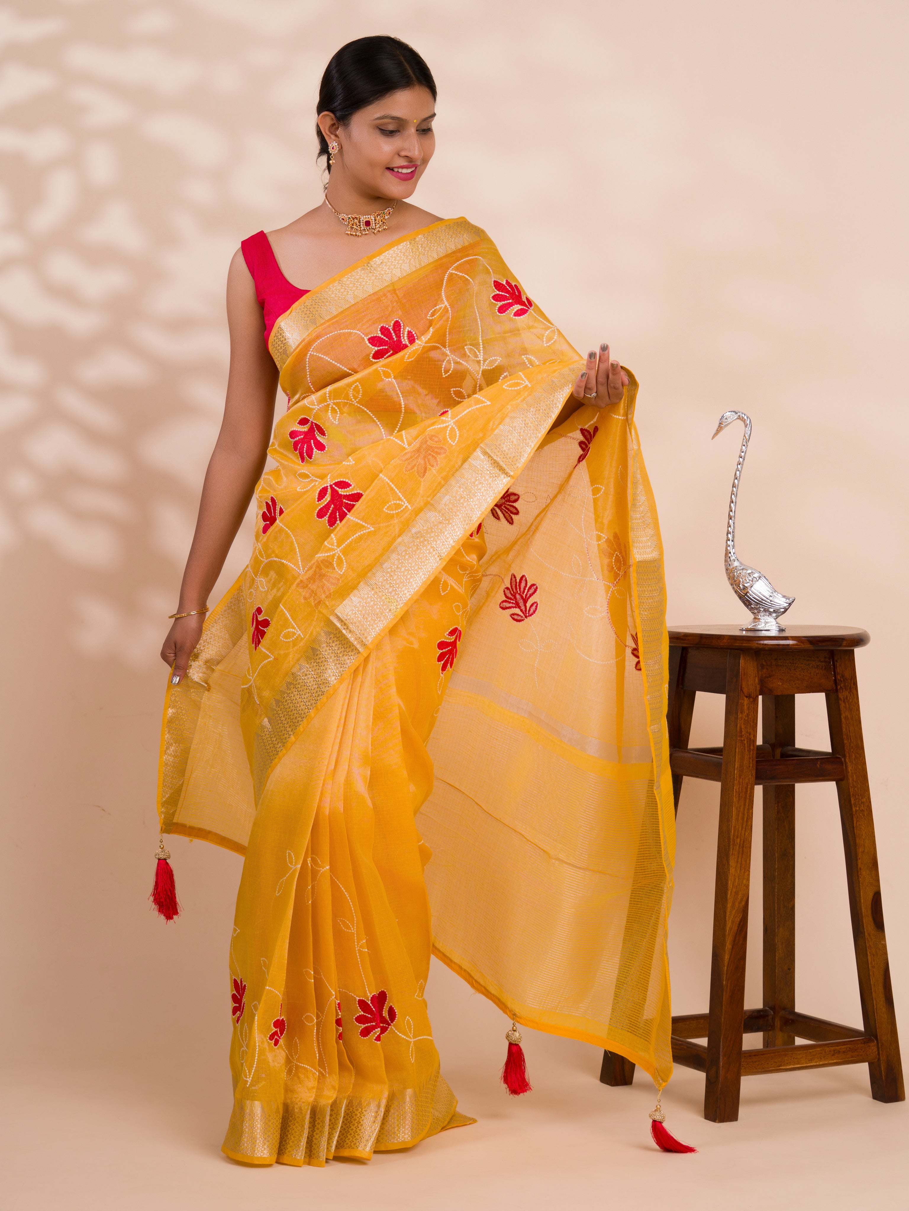 Kashida work saree in yellow colour