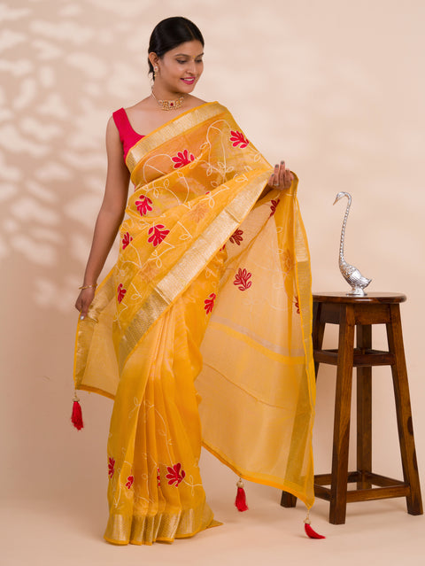 Kashida work saree in yellow colour