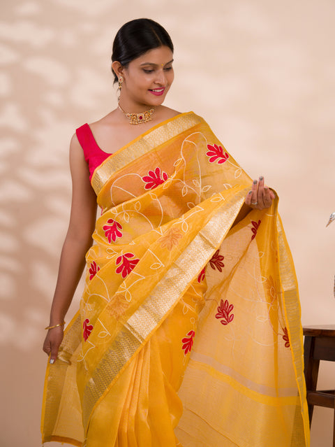 Kashida work saree in yellow colour