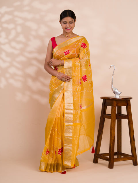 Kashida work saree in yellow colour