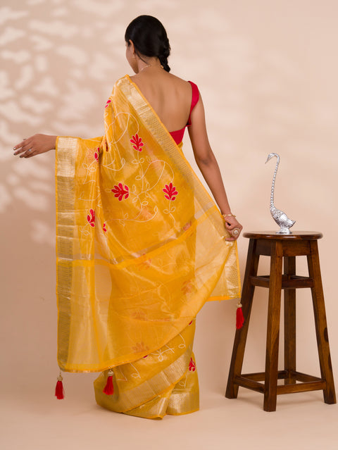 Kashida work saree in yellow colour
