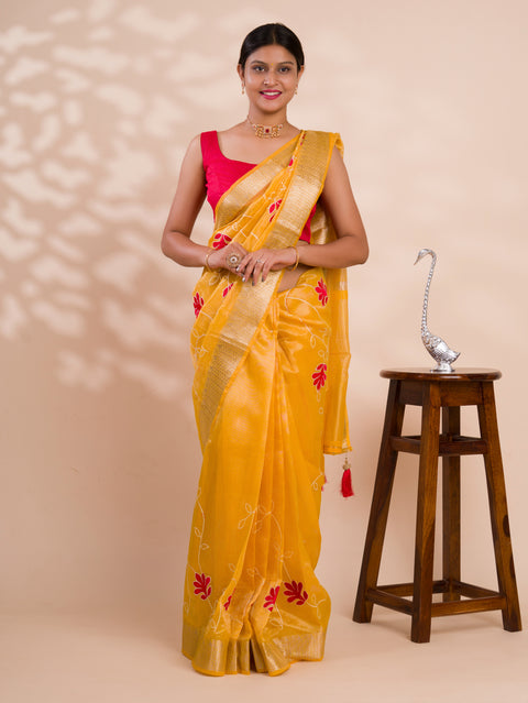 Kashida work saree in yellow colour