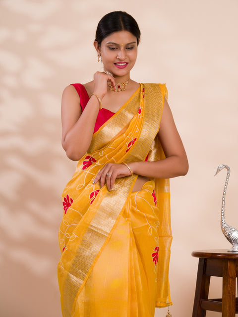 Kashida work saree in yellow colour