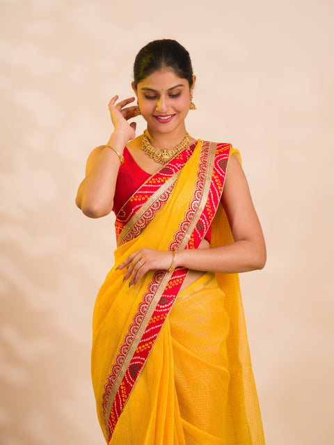 KcPc New One Embroidery Bandhani Border Kota Doriya Saree SWA