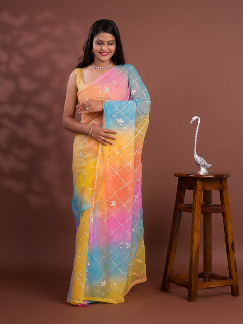KcPc New Georgette Multi Colour Gota Patti Work Saree  SWA