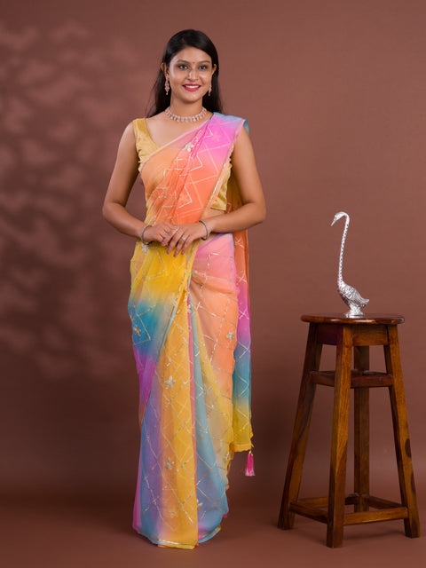 KcPc New Georgette Multi Colour Gota Patti Work Saree  SWA