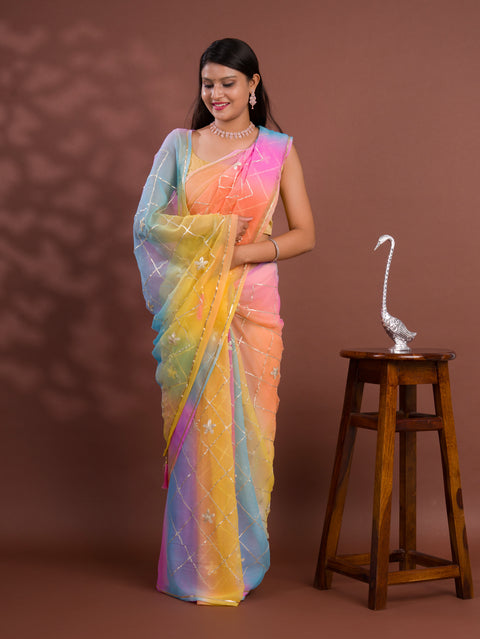 KcPc New Georgette Multi Colour Gota Patti Work Saree  SWA