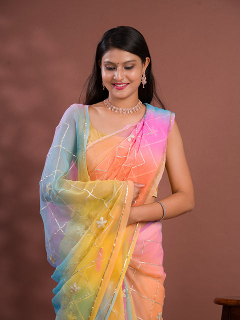 KcPc New Georgette Multi Colour Gota Patti Work Saree  SWA