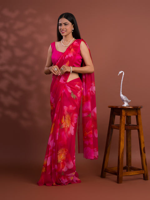 A vibrant pink saree with floral patterns Georgette Flower Printed Style 
