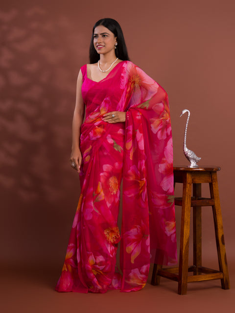A vibrant pink saree with floral patterns Georgette Flower Printed Style 
