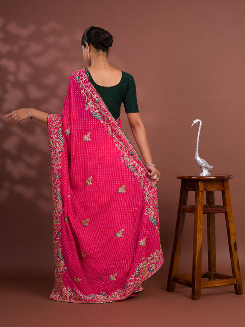 KcPc Pure Georgette Mothda Leheriya With Beautiful Embroidery Saree