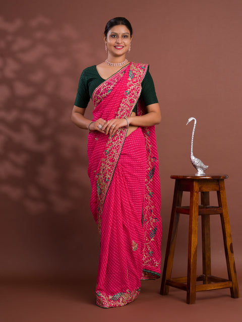 KcPc Pure Georgette Mothda Leheriya With Beautiful Embroidery Saree