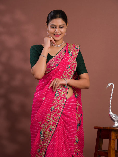 KcPc Pure Georgette Mothda Leheriya With Beautiful Embroidery Saree