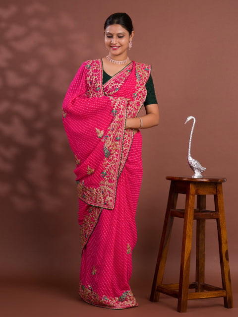 KcPc Pure Georgette Mothda Leheriya With Beautiful Embroidery Saree