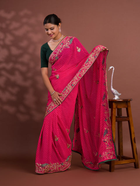 KcPc Pure Georgette Mothda Leheriya With Beautiful Embroidery Saree