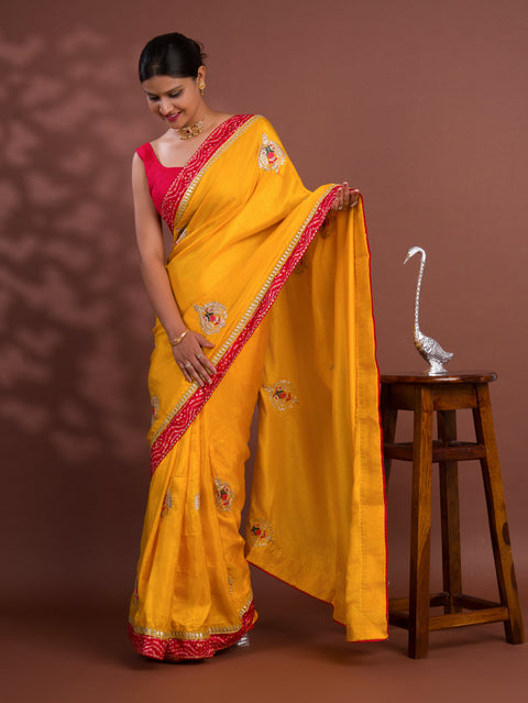 KcPc New Pure Tissue Silk Bandhej Border Codding Work Saree SWA