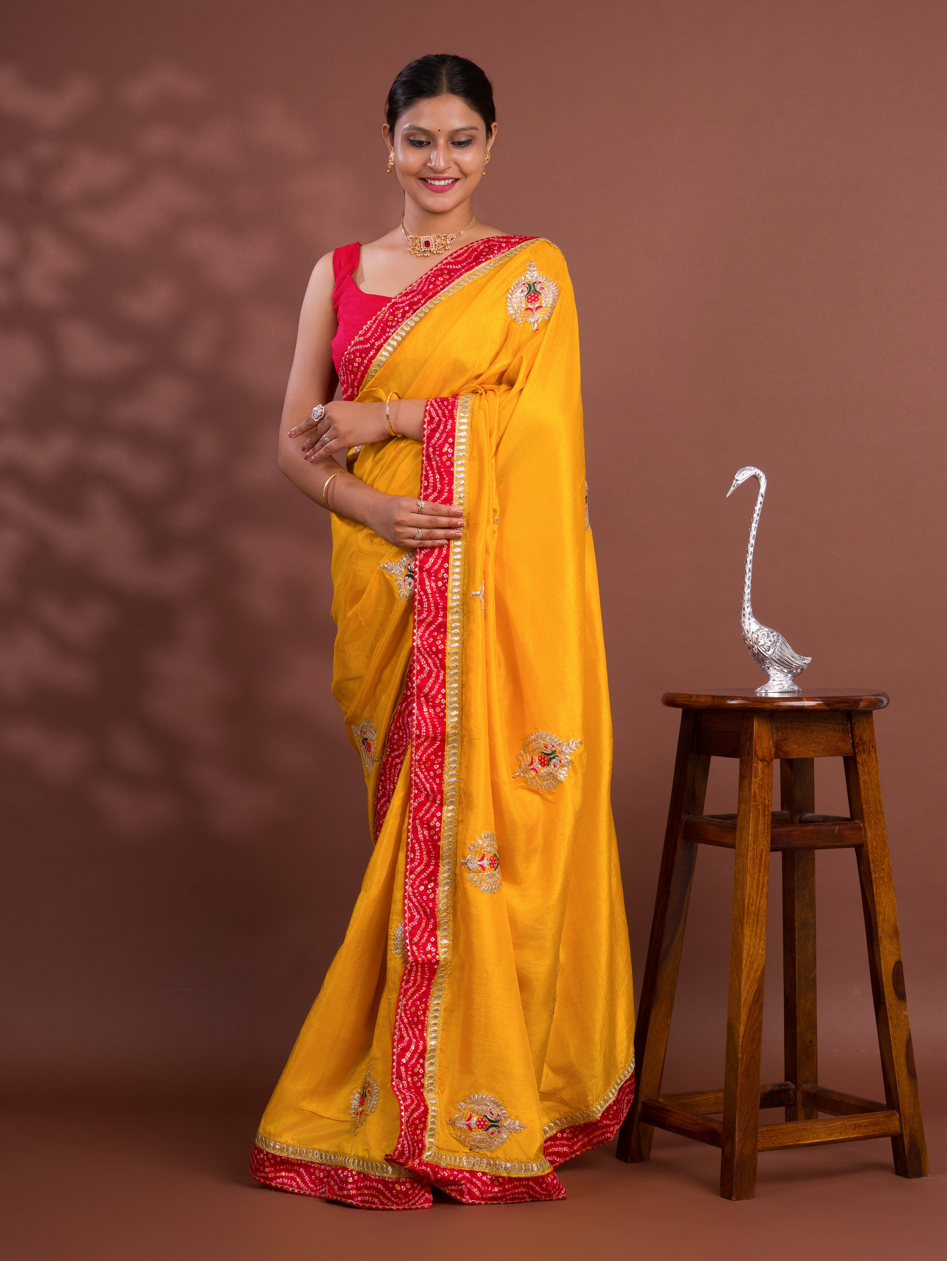Tissue Silk Bandhej Border Codding Work Saree with gotapati work