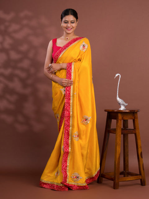 KcPc New Pure Tissue Silk Bandhej Border Codding Work Saree SWA