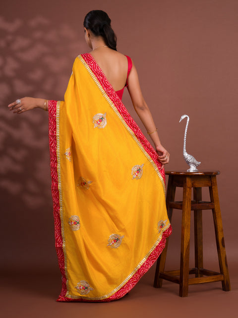 KcPc New Pure Tissue Silk Bandhej Border Codding Work Saree SWA