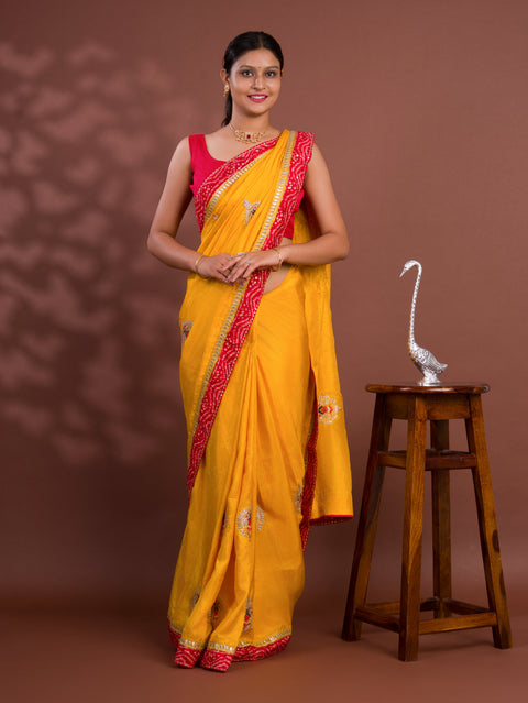 KcPc New Pure Tissue Silk Bandhej Border Codding Work Saree SWA