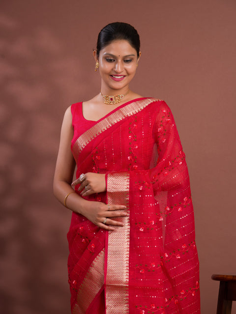 KcPc Kota Doria Kashida Work Gotapatti Style Bikaneri Saree SNA Red