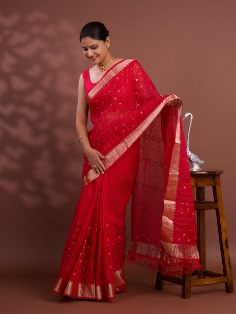 KcPc Kota Doria Kashida Work Gotapatti Style Bikaneri Saree SNA Red