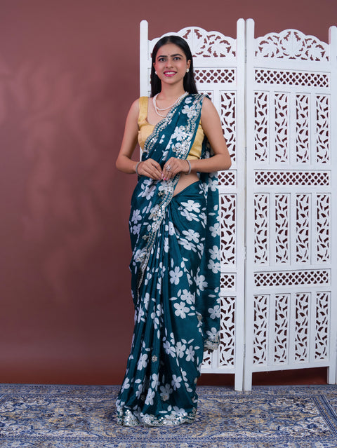 Printed Crepe Silk Saree with Embroidered Mirror Work in morkandi colour