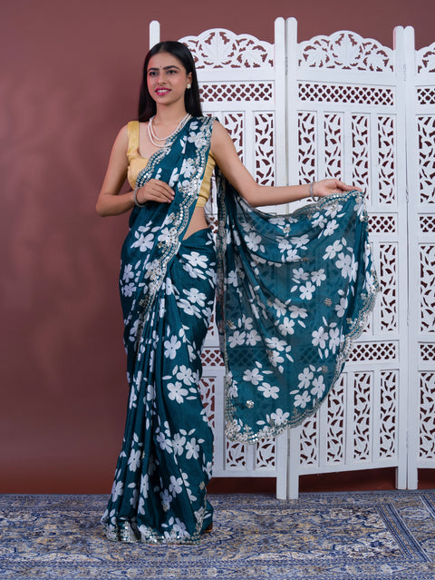 Printed Crepe Silk Saree with Embroidered Mirror Work in morkandi colour