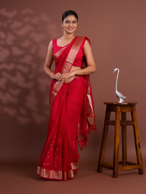 KcPc Kota Doria Kashida Work Gotapatti Style Bikaneri Saree SNA Red