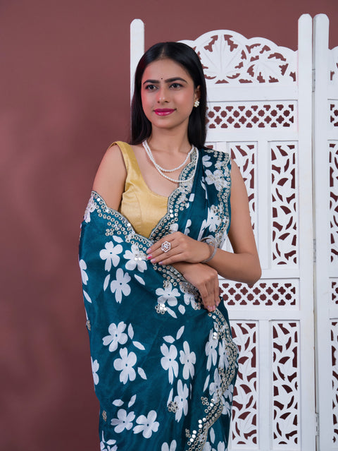 Printed Crepe Silk Saree with Embroidered Mirror Work in morkandi colour