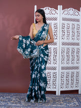 Printed Crepe Silk Saree with Embroidered Mirror Work in morkandi colour