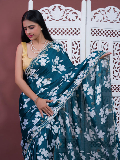Printed Crepe Silk Saree with Embroidered Mirror Work in morkandi colour