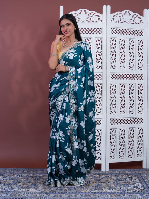 Printed Crepe Silk Saree with Embroidered Mirror Work in morkandi colour