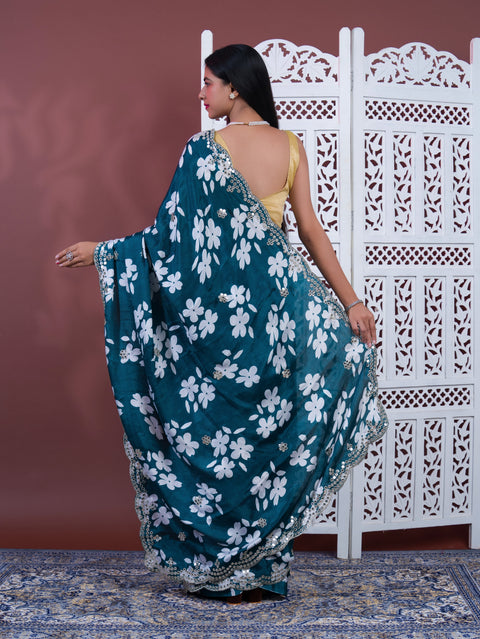 Printed Crepe Silk Saree with Embroidered Mirror Work in morkandi colour