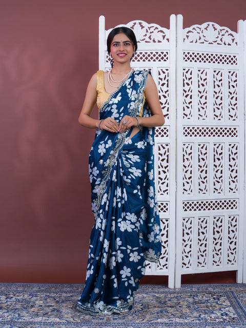 Printed Crepe Silk Saree with Embroidered Mirror Work in blue colour