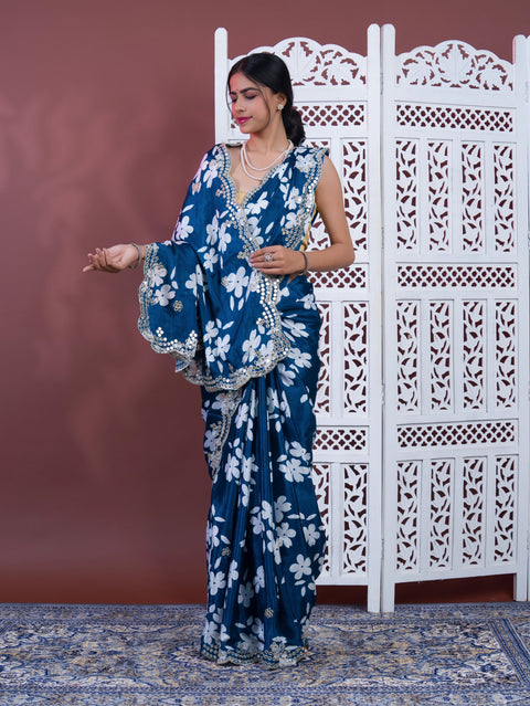 Printed Crepe Silk Saree with Embroidered Mirror Work in blue colour