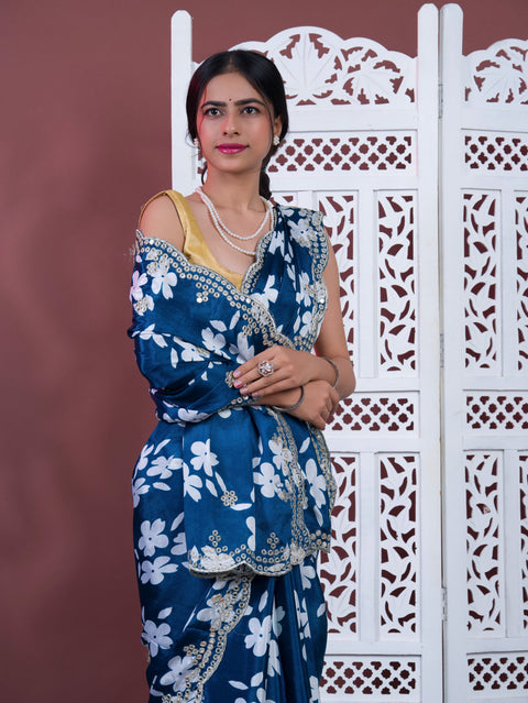 Printed Crepe Silk Saree with Embroidered Mirror Work in blue colour
