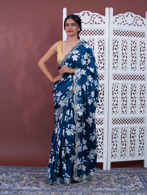Printed Crepe Silk Saree with Embroidered Mirror Work in blue colour
