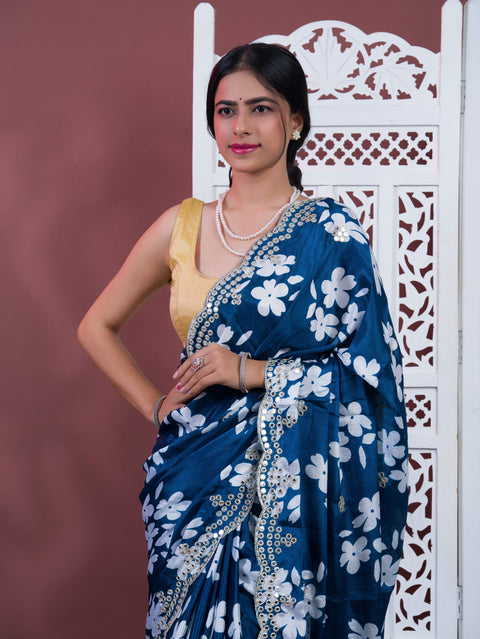 Printed Crepe Silk Saree with Embroidered Mirror Work in blue colour